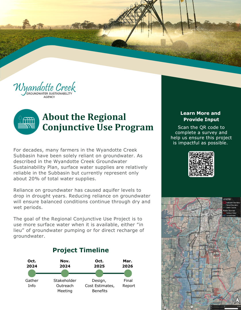 An informational flyer on the Wyandotte Creek Regional Conjunctive Use Program with QR code, project timeline, and graphics.