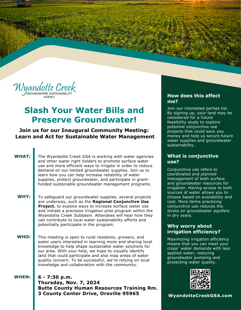 Flyer for a meeting on sustainable water management by Wyandotte Creek GSA, promoting groundwater sustainability and reduced water bills.