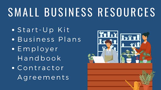 Illustration of a plant shop with a list of small business resources like Start-Up Kit, Business Plans, Employer Handbook, and Contractor Agreements.