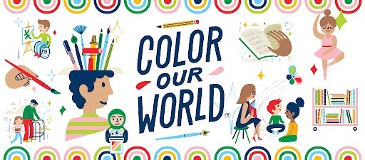 Creative illustrations with art supplies, books, and people doing artistic activities. Text reads "Color Our World."