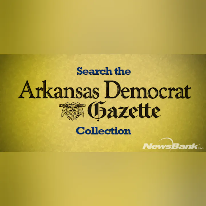 The image promotes searching the Arkansas Democrat Gazette collection, featuring a gold background and the NewsBank logo.