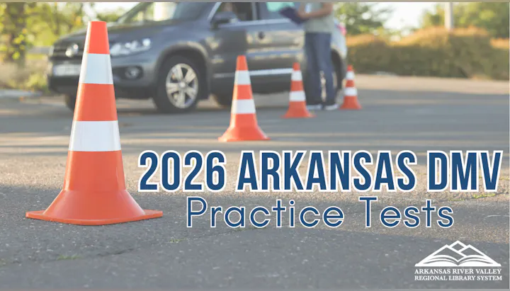 The image promotes "2026 Arkansas DMV Practice Tests," featuring traffic cones and a vehicle in a practice area.