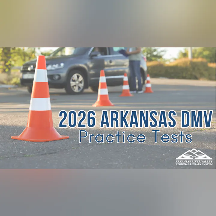 The image promotes "2026 Arkansas DMV Practice Tests," featuring traffic cones and a vehicle in a practice area.