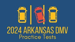 A graphic for "2024 Arkansas DMV Practice Tests" with car illustrations on a blue background.