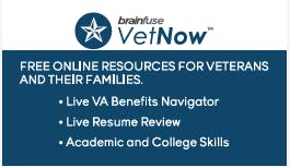 An ad for "VetNow," offering free online resources for veterans including benefits navigation, resume review, and academic skills.