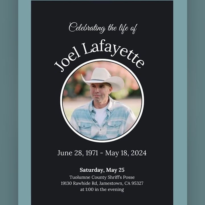 It's a memorial service invitation featuring a man in a cowboy hat.