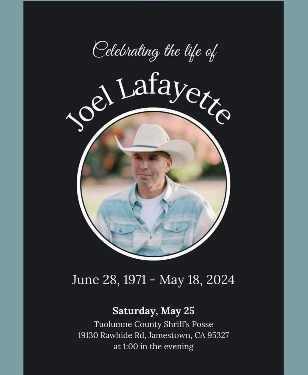 It's a memorial service invitation featuring a man in a cowboy hat.