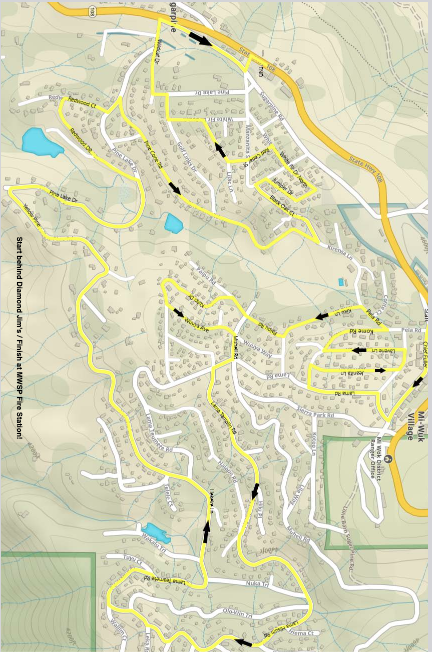 Map showing a route with highlighted paths and directional arrows, labeled areas, and road names.