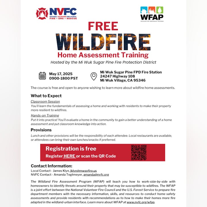 Free Wildfire Home Assessment Training on May 17, 2025, at Mi Wuk Sugar Pine. Registration is free. Contact for details.