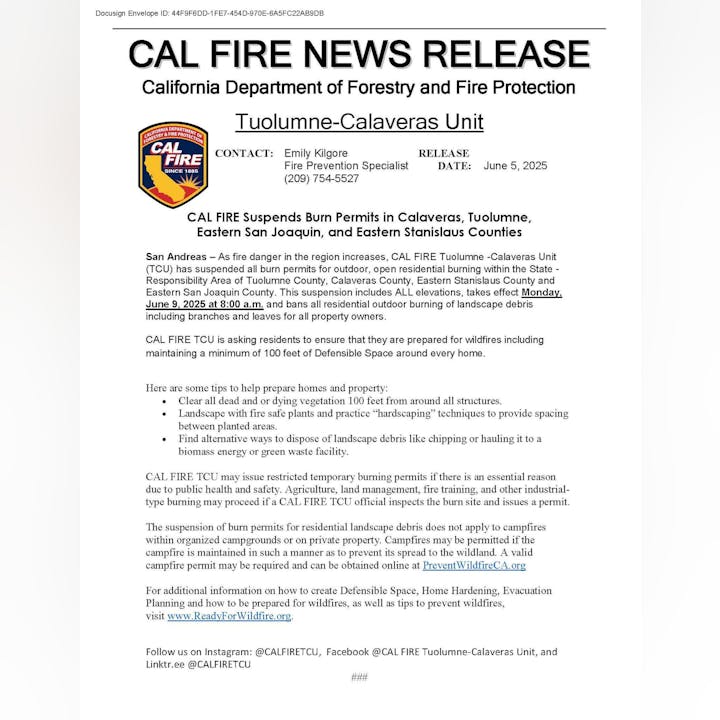 CAL FIRE suspends burn permits due to fire danger in multiple California counties, effective June 9, 2025, with safety tips included.