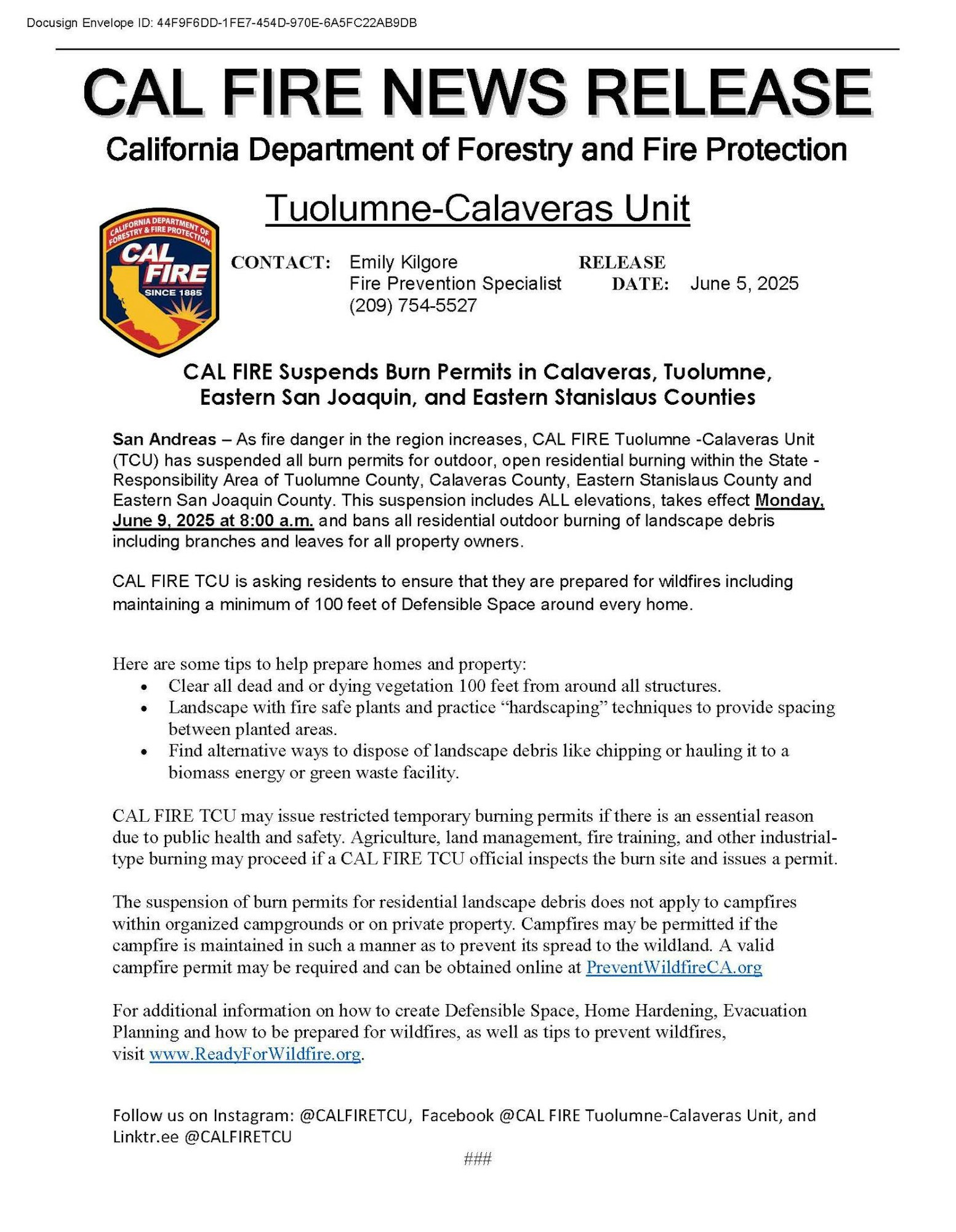 CAL FIRE suspends burn permits due to fire danger in multiple California counties, effective June 9, 2025, with safety tips included.