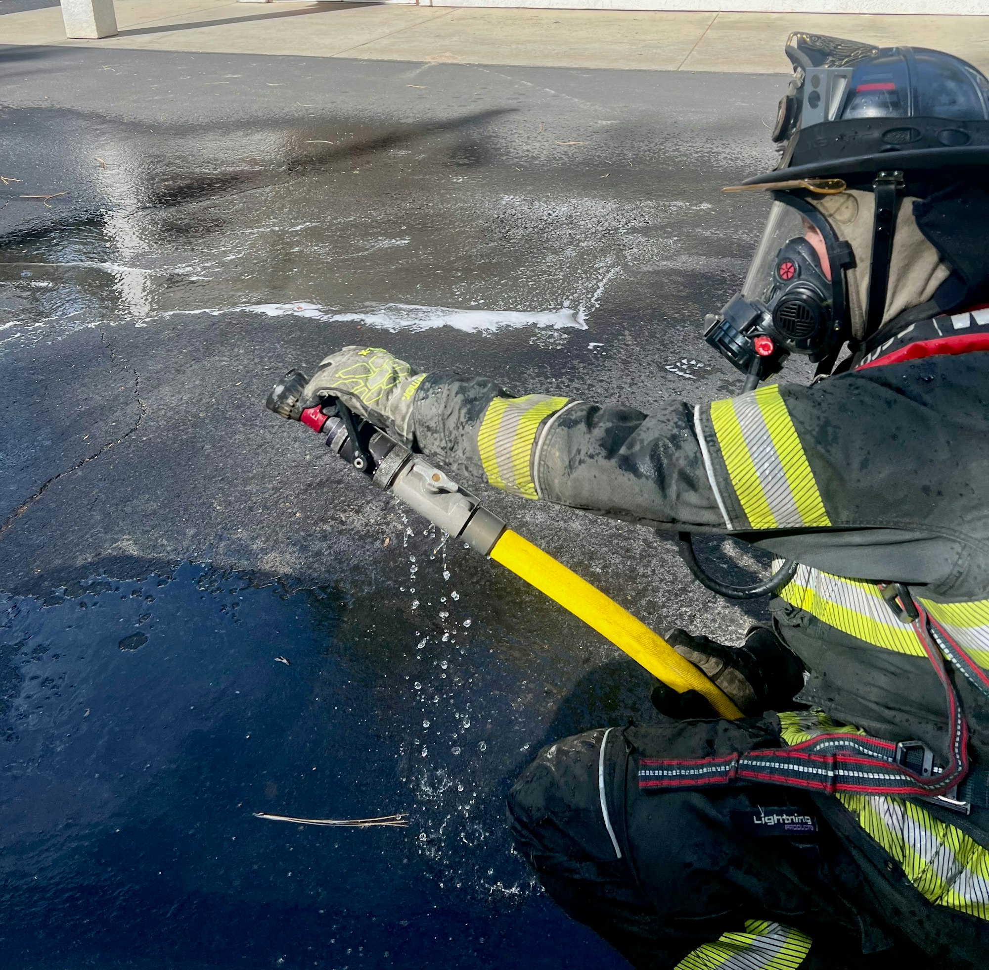 A firefighter wearing our new gloves, with thanks to a grant from the California Fire Foundation