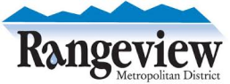 Logo with blue mountains, "Rangeview Metropolitan District" text, water droplet replaces "a".