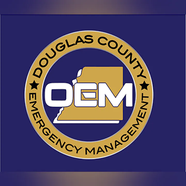 Logo for Douglas County Emergency Management featuring "OEM" and a map outline, set against a blue background.