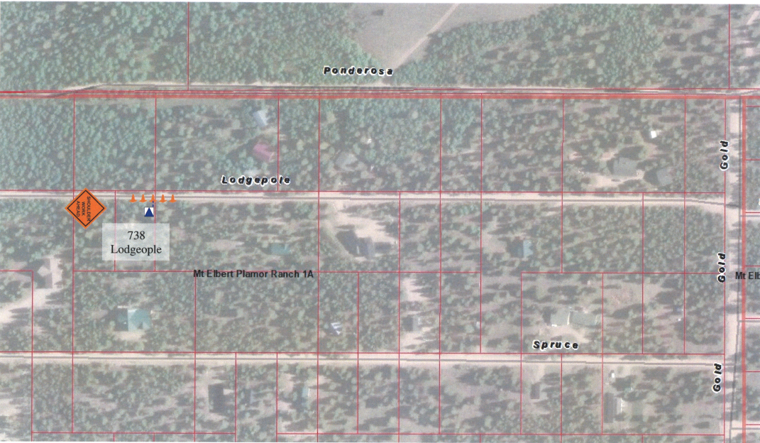 The image is a map showing properties, roads, and the location of 738 Lodgepole in Mt Elbert Planor Ranch 1A.