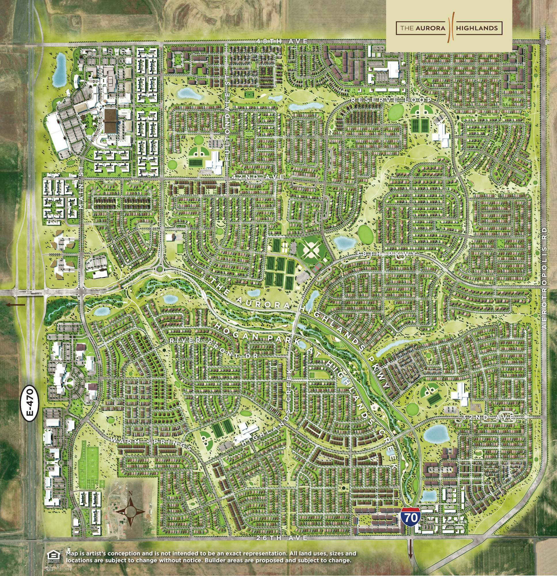 A detailed map of "The Aurora Highlands" development, showing roads, residential areas, parks, and planned amenities.
