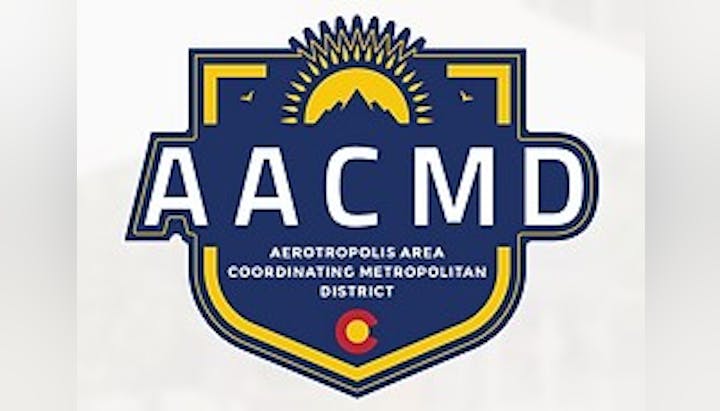 AACMD logo with a sun, mountains, and the Colorado flag, representing the Aerotropolis Area Coordinating Metropolitan District.