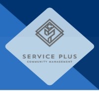 Logo with a geometric design, titled "Service Plus Community Management" on a blue background.
