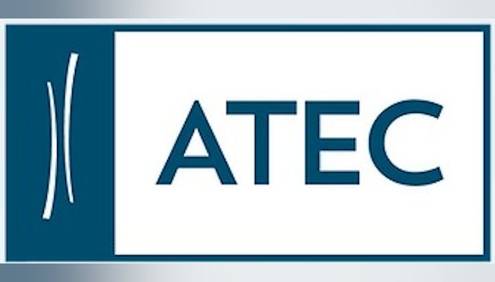 The image shows the logo for ATEC with blue text and a stylized design on the left.