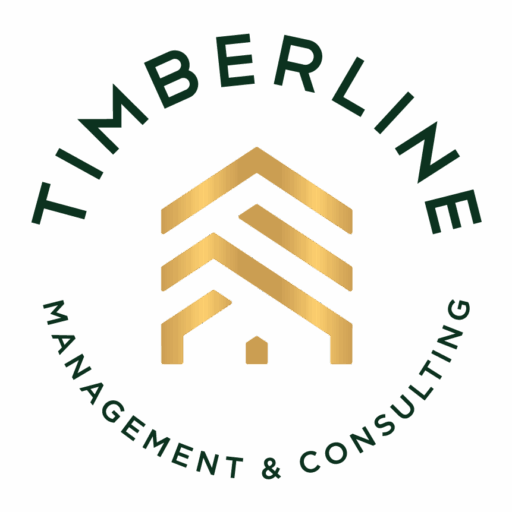 The image features a logo for "Timberline Management & Consulting," showcasing a stylized house design in gold and green.