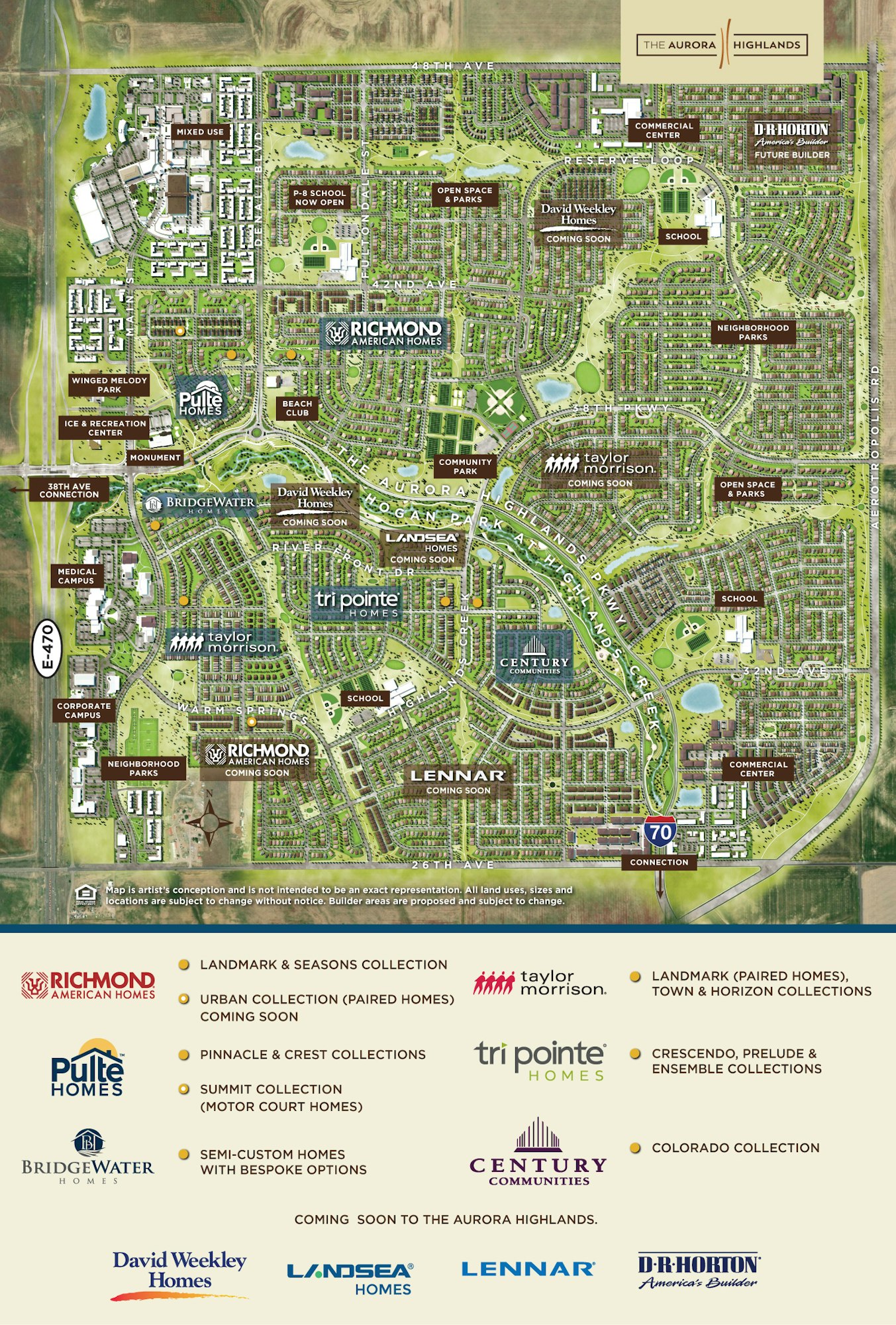 Map of The Aurora Highlands development with residential areas, parks, schools, and commercial centers. Various homebuilders indicated.