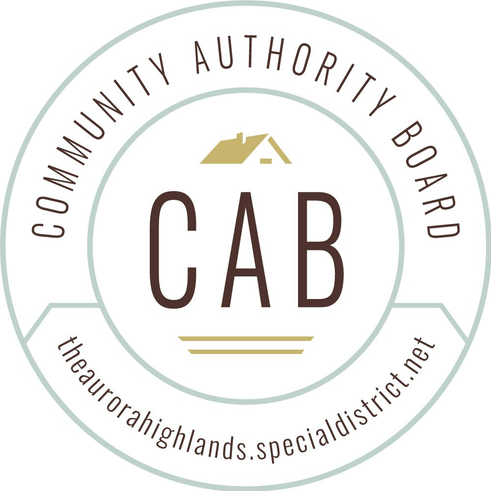 Circular logo with "Community Authority Board" and "theaurorahighlands.specialdistrict.net," featuring "CAB" and a house icon.