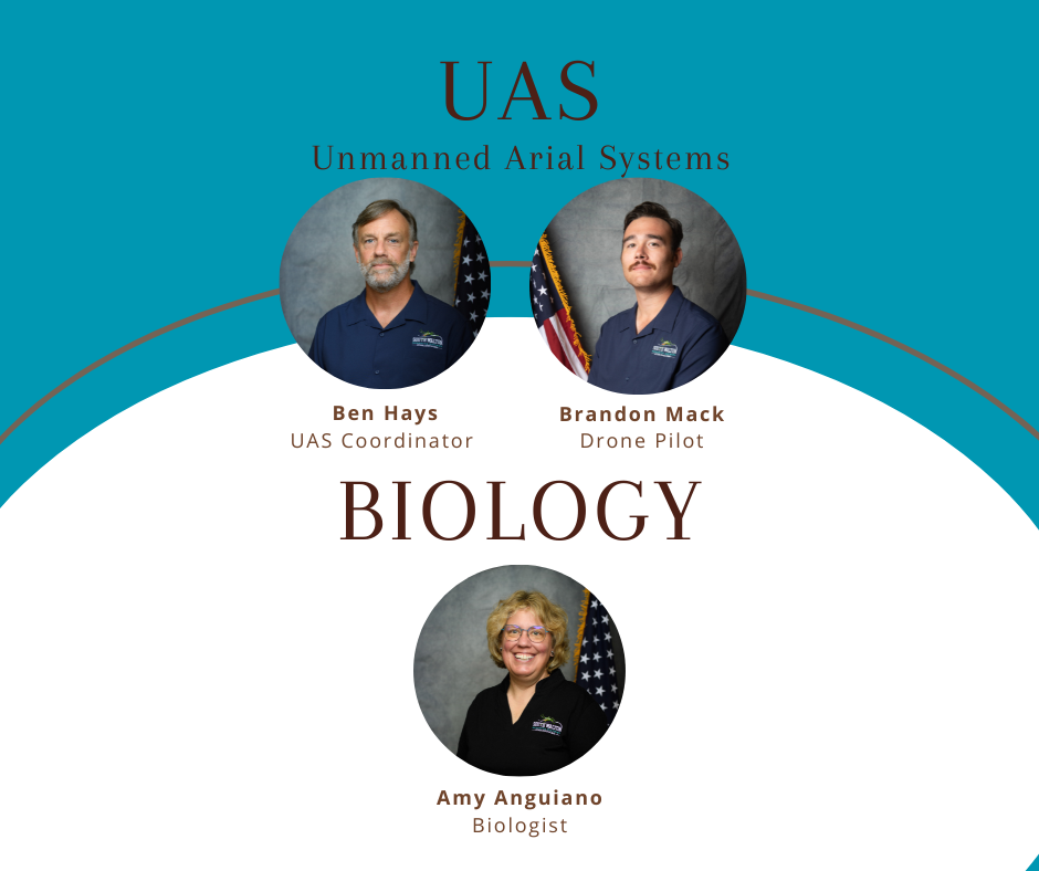 Three individuals with titles: UAS Coordinator, Drone Pilot, Biologist in a UAS (Unmanned Aerial Systems) and Biology presentation.