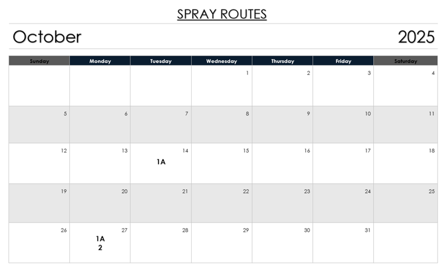 A calendar for October 2025 titled "Spray Routes," with specific spray route notations on certain dates.