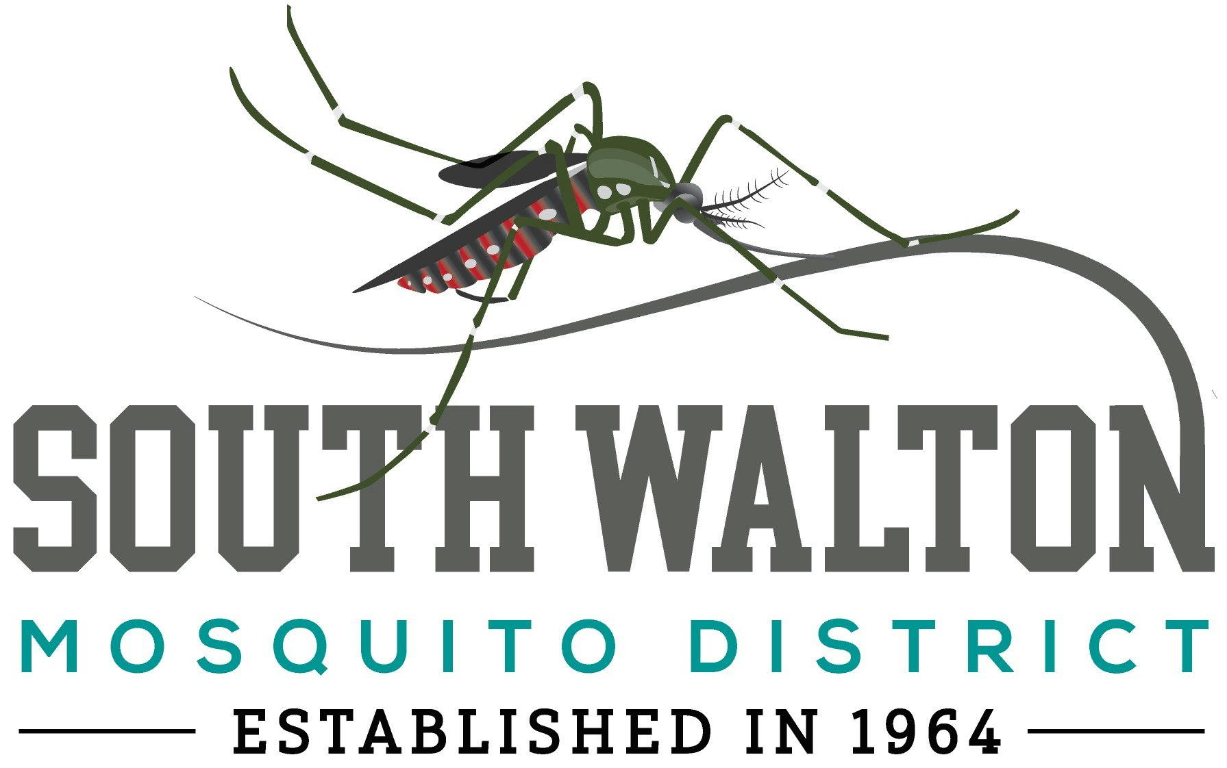 The image features the logo of the South Walton Mosquito District, established in 1964, with a mosquito illustration.