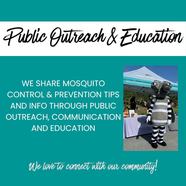 The image promotes mosquito control and prevention through community outreach and education, featuring a mascot at an event.