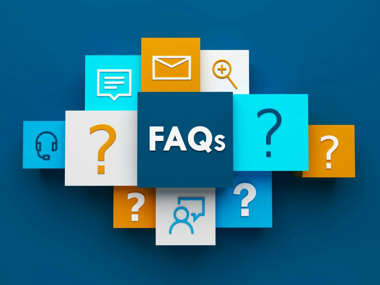 The image features colorful squares with icons and the text "FAQs," suggesting a focus on frequently asked questions and support.