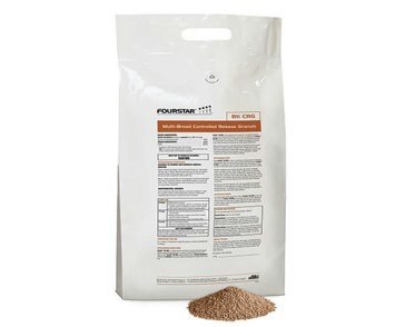 A bag of Fourstar multi-grain controlled-release granules for plant nutrition, with details and instructions on its label.