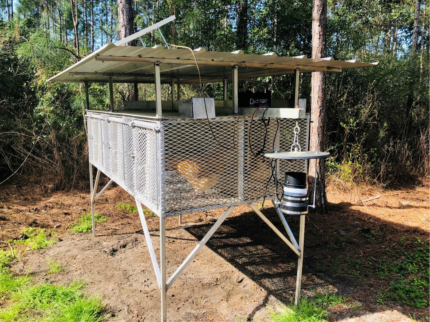 The image shows a raised, metal structure, likely a hunting or observation platform, surrounded by trees and vegetation.