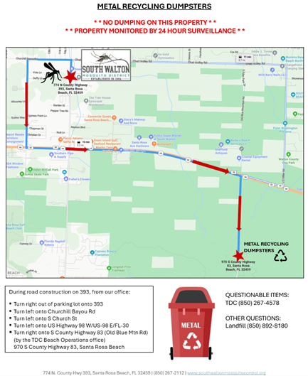 Map for metal recycling dumpsters in South Walton, with directions and contact info for questions and surveillance notice.