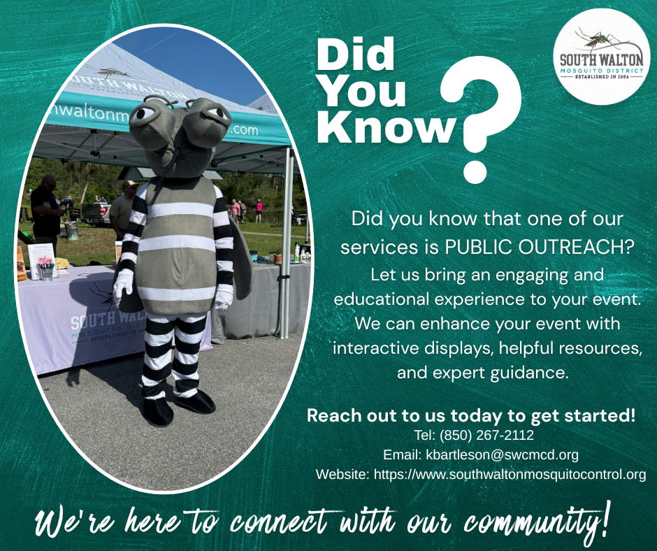 The image promotes public outreach by the South Walton Mosquito District, featuring a costumed mascot and event services.