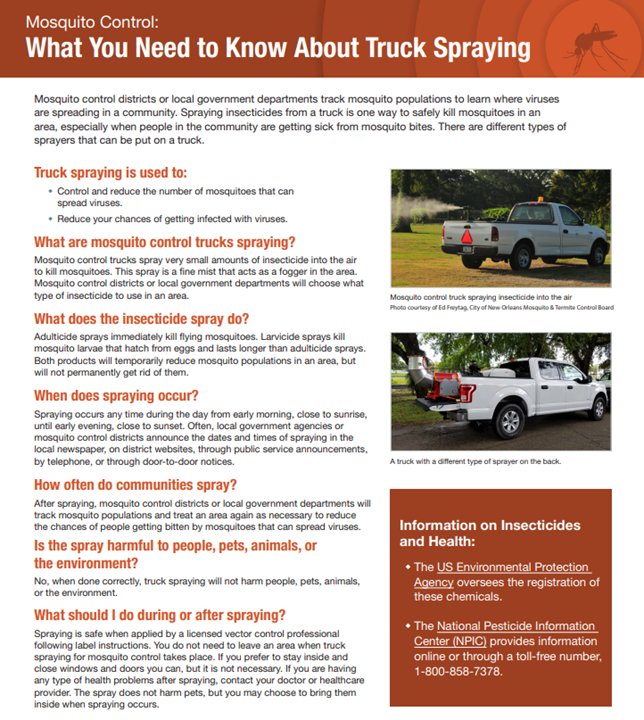 The image explains truck spraying for mosquito control, including its purpose, methods, timing, and safety for people and pets.