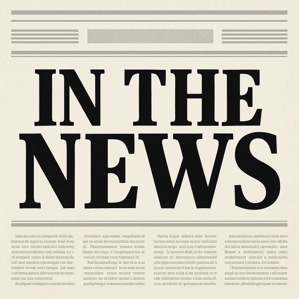 The image displays a newspaper-style layout with the bold headline "IN THE NEWS" and placeholder text below it.