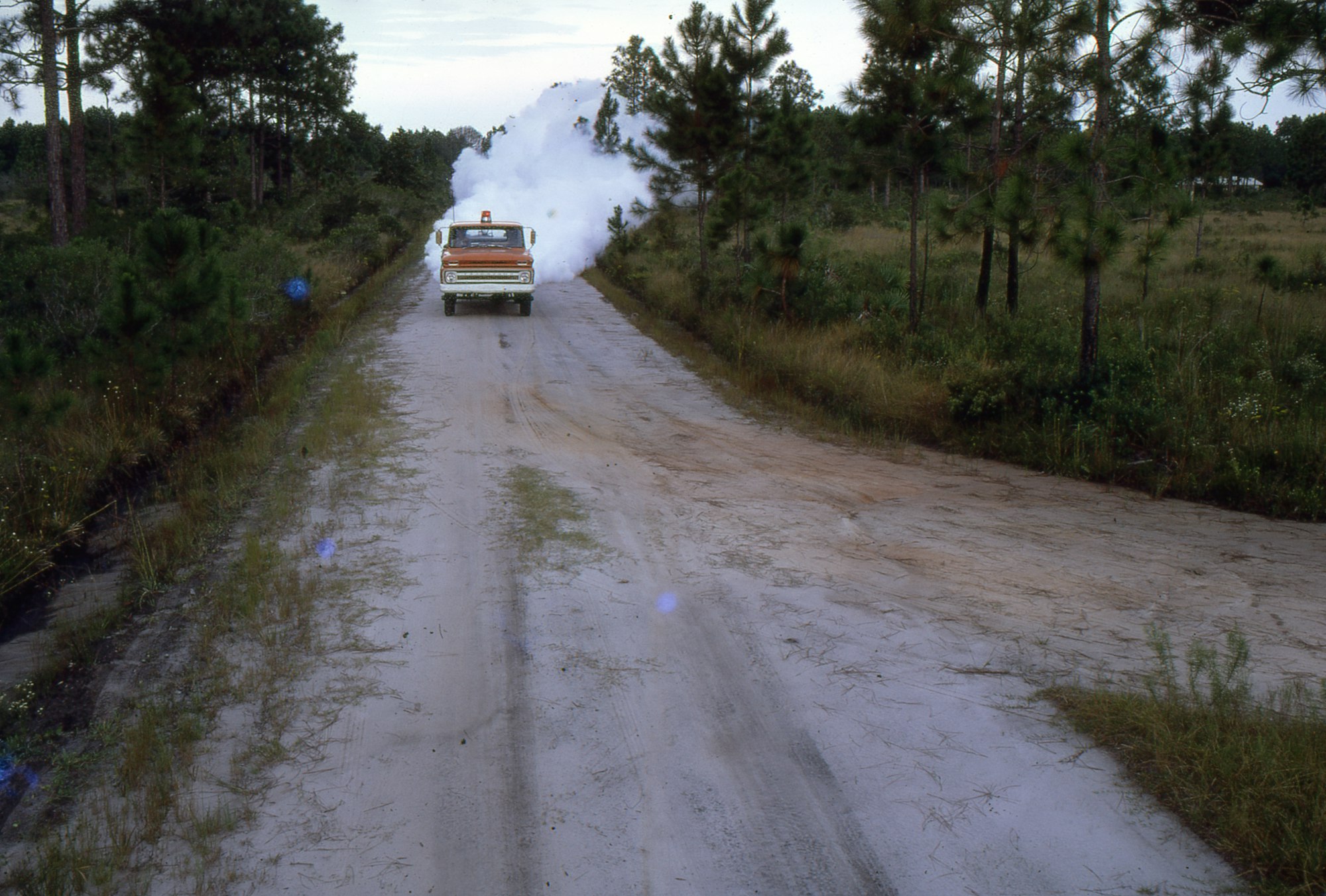 A dusty road with a vintage truck releasing smoke, surrounded by trees and grassy areas.
