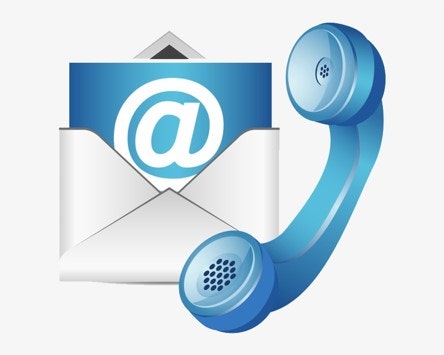 The image depicts an envelope with an @ symbol and a telephone receiver, symbolizing email and phone communication.