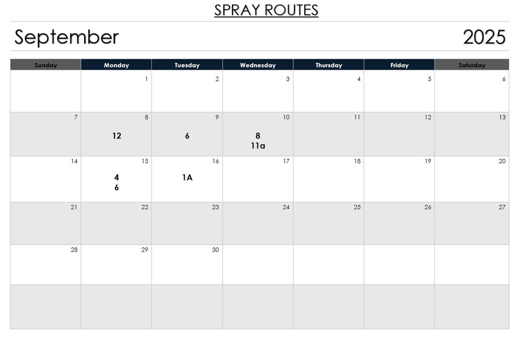The image displays a calendar for September 2025, noting various “spray routes” on specific days.