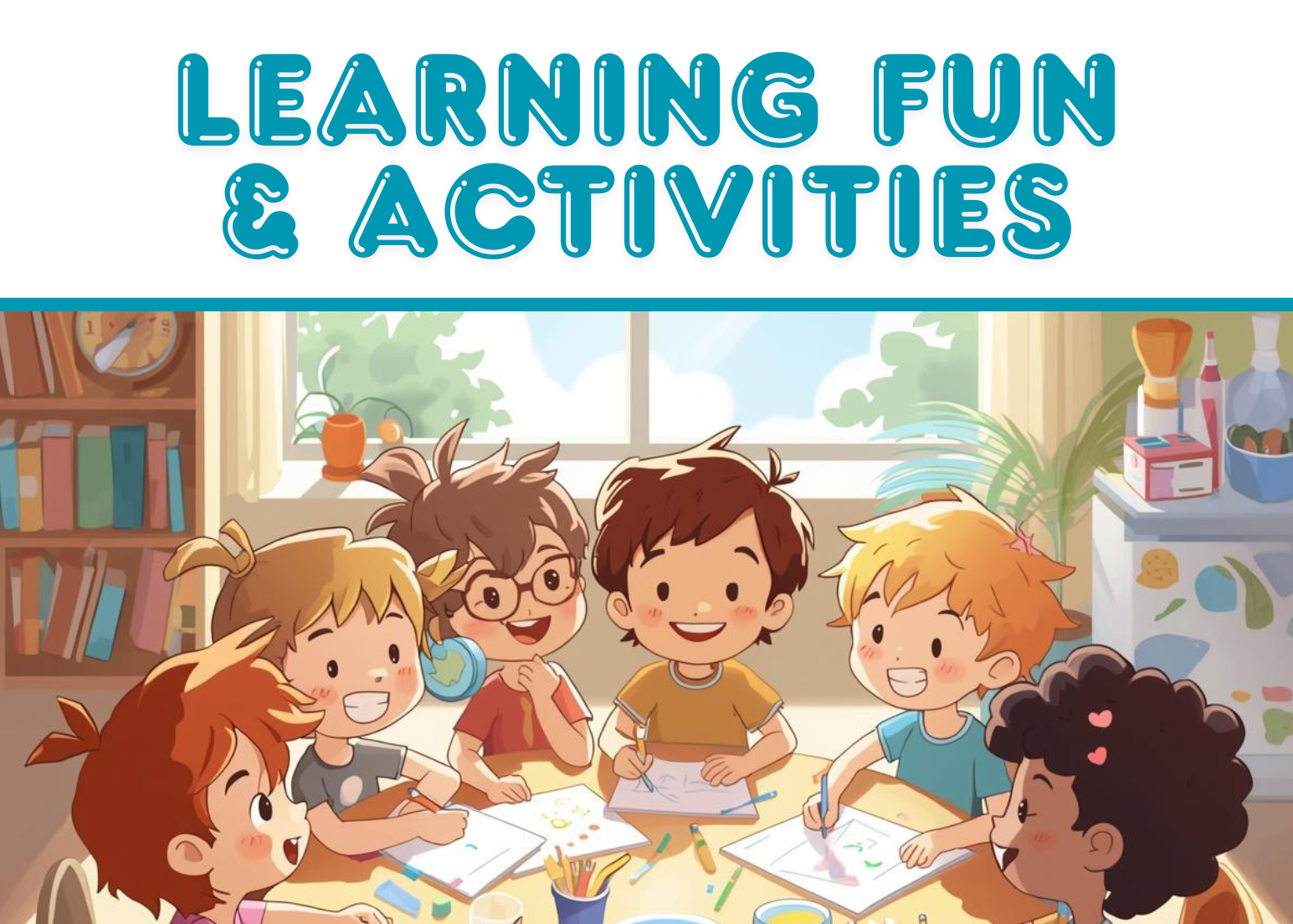 A vibrant scene of happy children engaging in fun learning activities around a table, filled with art supplies and sunlight.