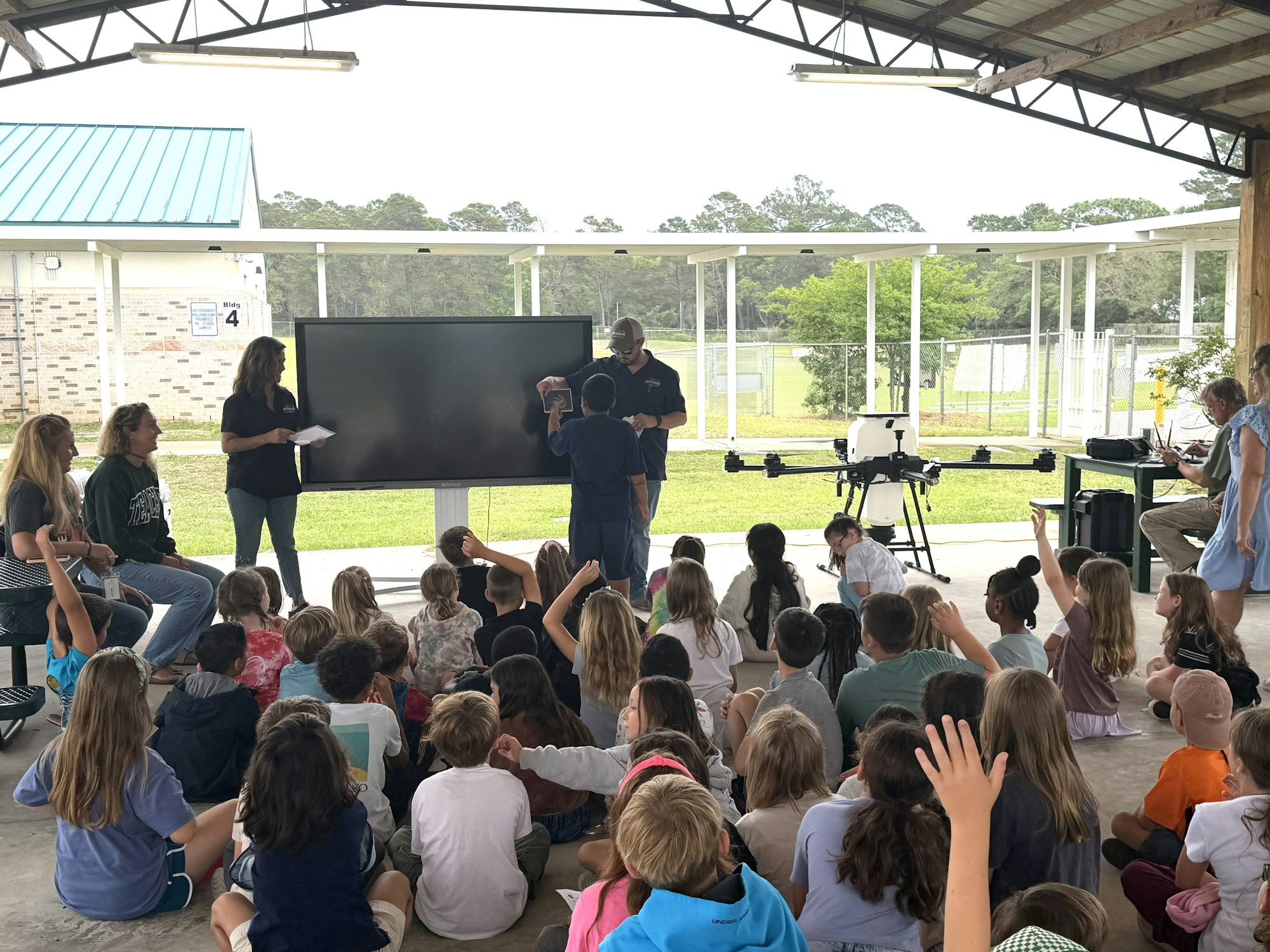 A group of children watch a presentation involving a drone, with educators engaging them in an outdoor setting.