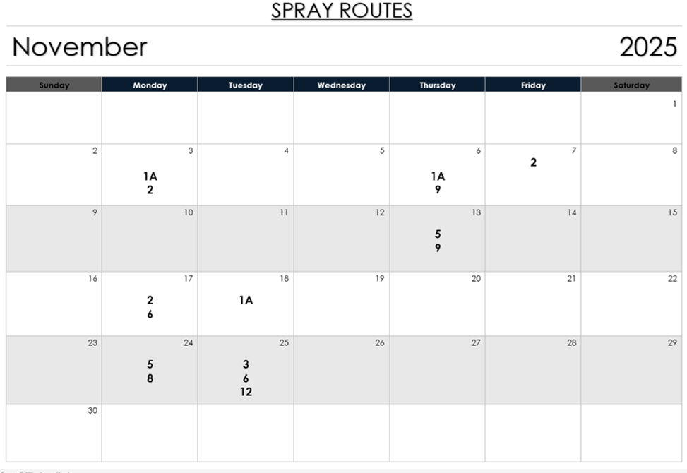 It's a calendar for November 2025, listing spray routes designated by numbers on specific dates.