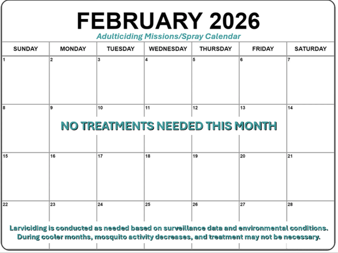 February 2026 calendar indicating "No treatments needed this month" for adulticiding missions, with information on larviciding.