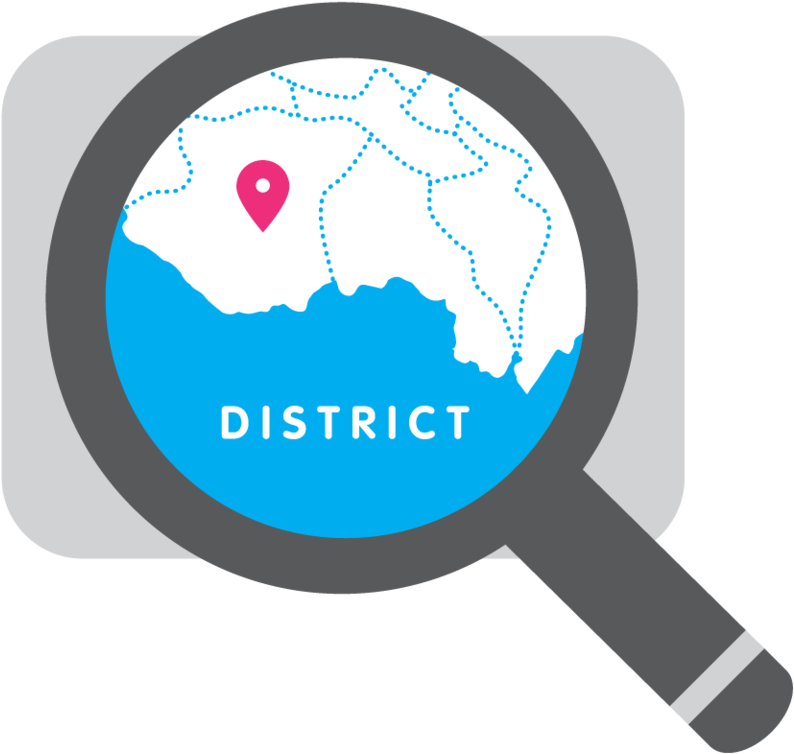 A graphic of a map with a magnifying glass highlighting a specific district location with a pink pin.