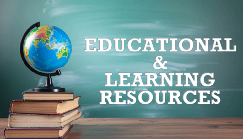 The image features a globe on books with the text "Educational & Learning Resources" against a chalkboard background.