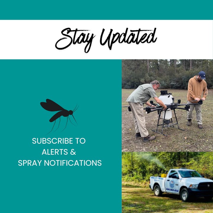 The image promotes staying updated on mosquito spray notifications, featuring individuals prepping equipment and a spray truck.