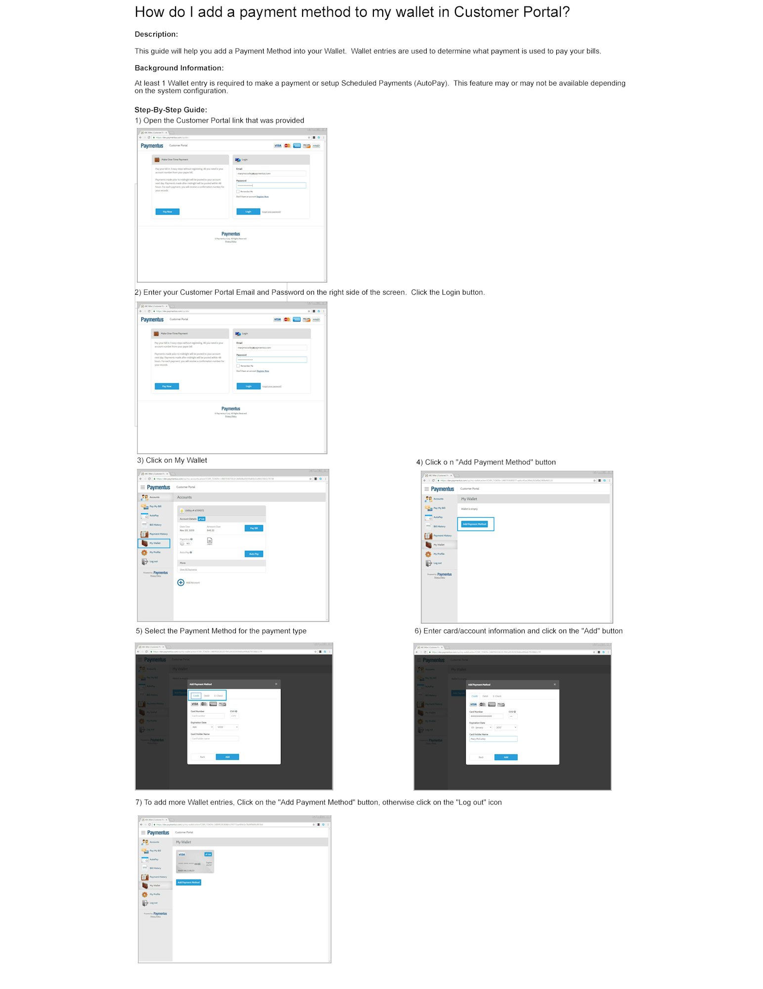 Guide on adding a payment method in a Customer Portal with step-by-step screenshots.
