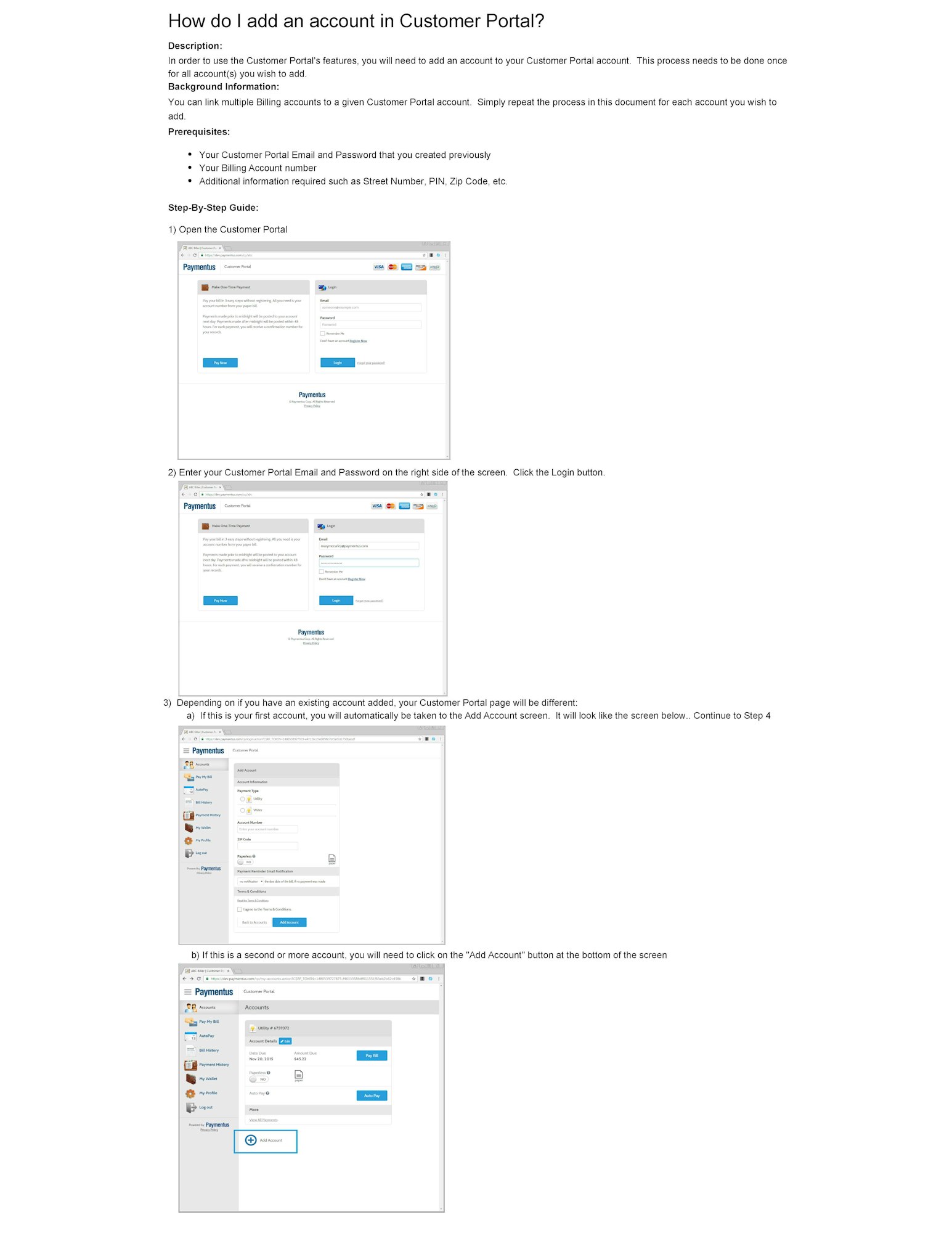 Guide to add account in Customer Portal: login, follow steps for single or multiple accounts, enter personal and billing details.