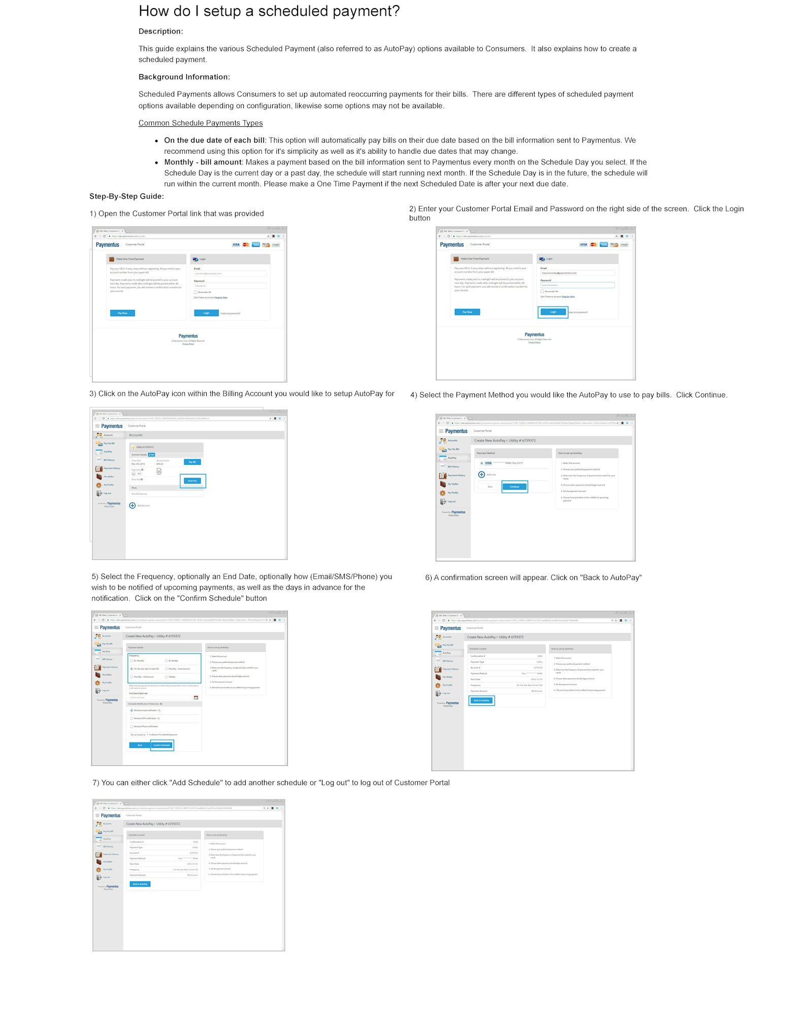 Guide on setting up scheduled payments, with steps including login, selecting billing account, payment method, frequency, and confirmation.